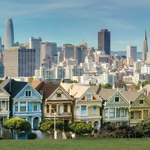 Os piqueniques sentam-se na grama do Alamo Square Park com as Painted Ladies e o horizonte de São Francisco ao fundo.